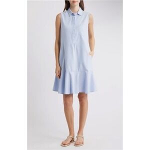 Beachlunchlounge Marina Cotton Oxford Sleeveless Striped Shirt Dress Ruffle Sz L